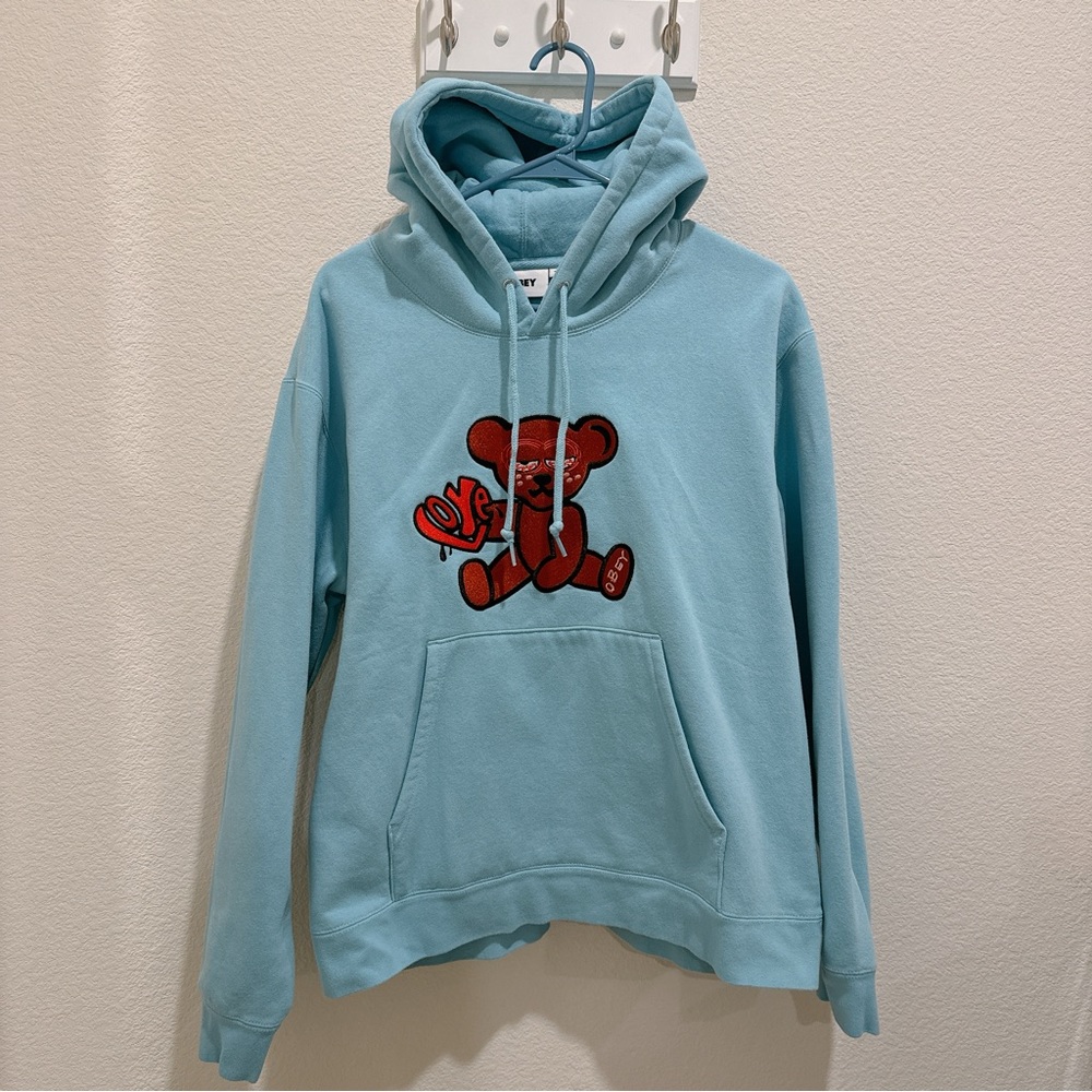 Obey mellow teddy embroidered blue hoodie